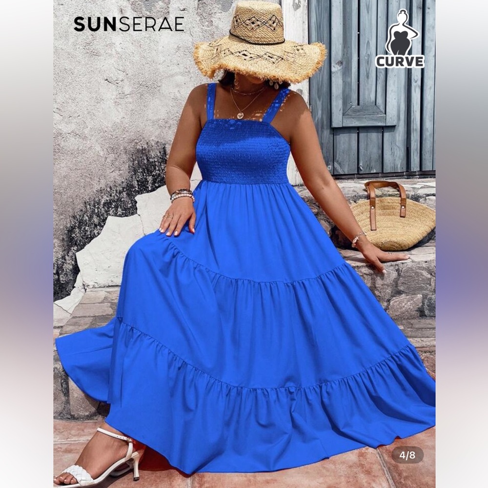 Blue Ruffled Tiered Strapless Maxi Dress